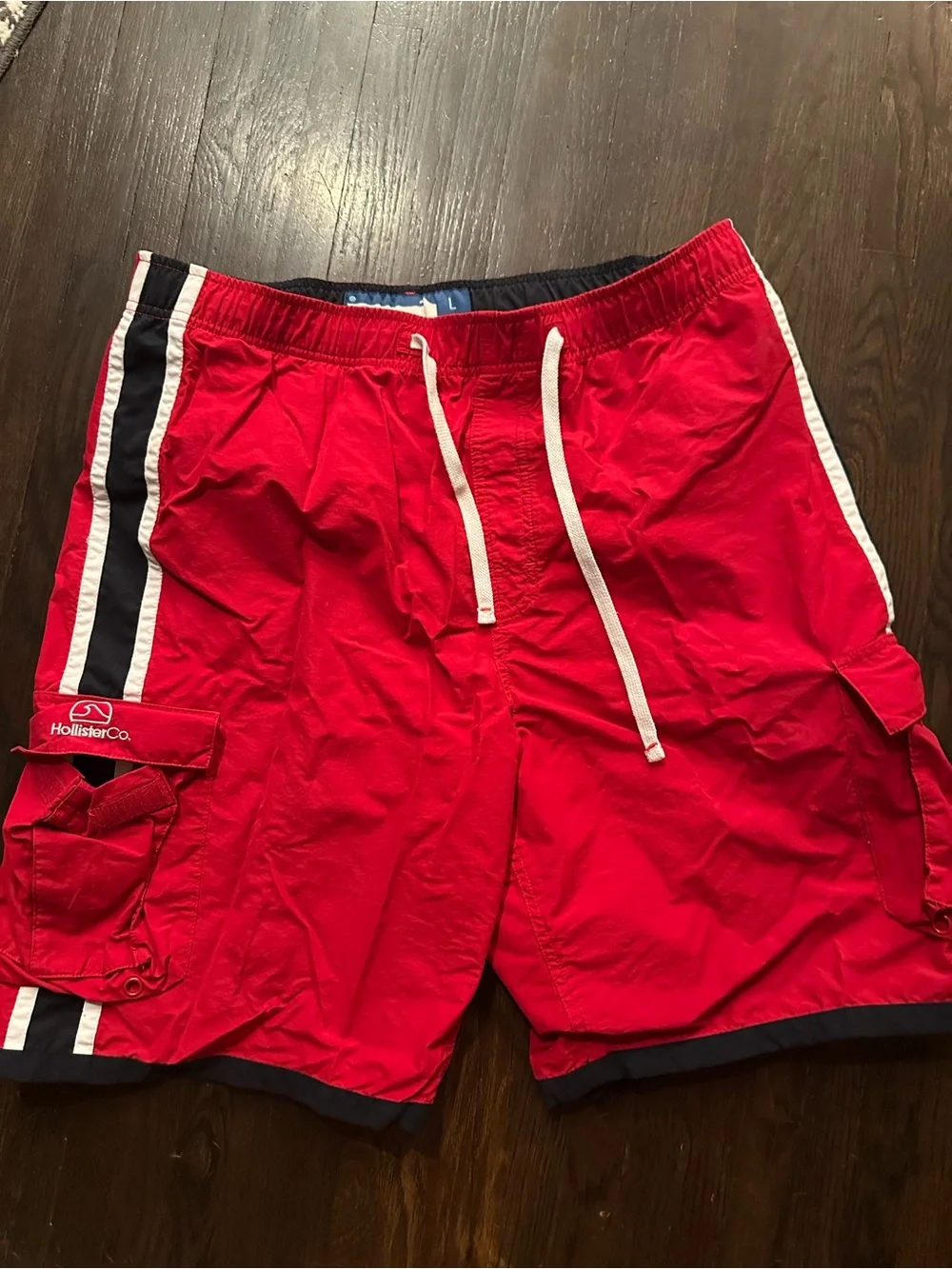 Hollister Red Swim Shorts with Navy & White Stripe Detail